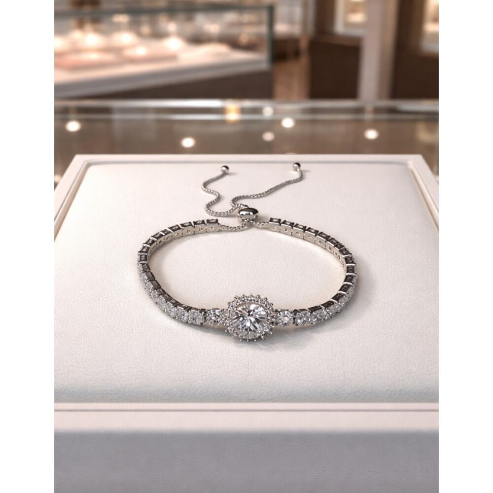 Sterling Silver Plated  Pull Tab Tennis Bracelet  Made With Swarovski Crystals